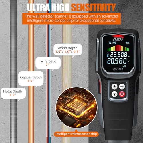 NDI Stud Finder Wall Scanner Leaser distancce Meter 5 in 1 Electronic Stud Detector HD LCD Display & Audible Alarm, for the Center and Edge of Wood AC Wire Metal Studs Joist Pipe
