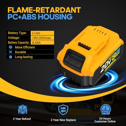 8Ah Replacement Compatible for Dewalt 20V Max Battery with High Capacity | Cordless Power Tools 20 Volt Baterías DCB201 DCB203 DCB204 DCB205 DCB205c DCB205-2 DCB206 2 Pack Batteries Pilas