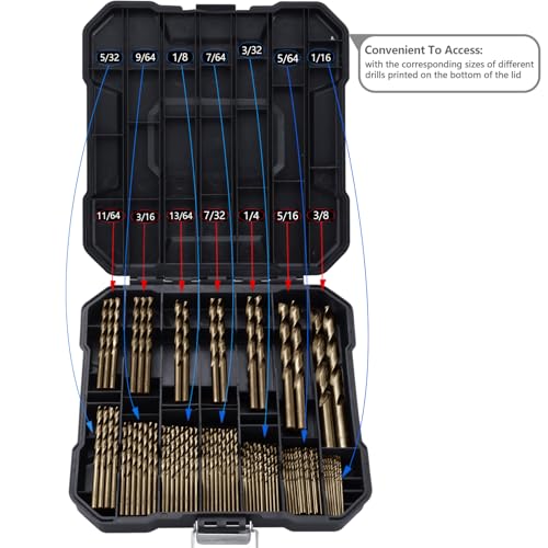 Cobalt Drill Bits Set for Hardened Metal and Stainless Steel, 99Pcs M35 High Speed Steel Twist Jobber Drill Bits 1/16"-3/8", with Plastic Index Storage Case - size: 1/16-3/8 in (99 pcs)