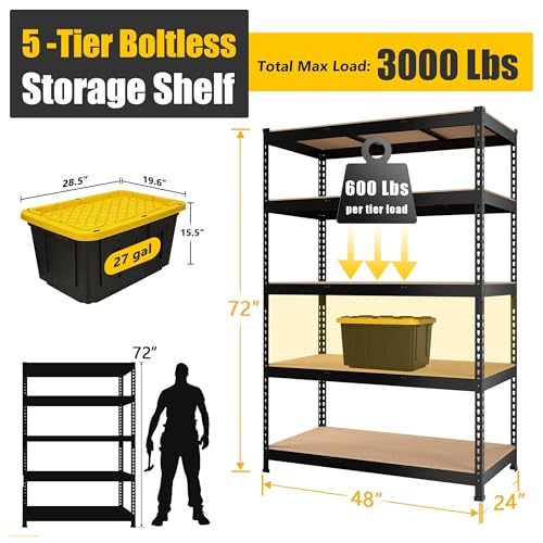 PrimeZone 48"W x 24"D x 72"H Garage Storage Shelves, 5-Tier Metal Shelving - size: 48"W x 24"D x 72"H