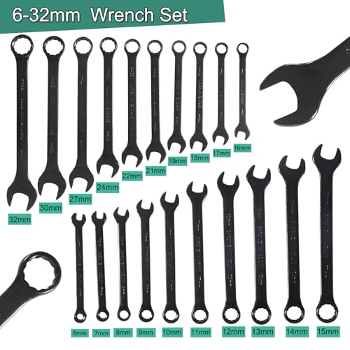 20-Piece Metric Combination Wrench Set in Roll-up Pouch, Metric 6-32mm, Spanner Wrench Set | 12 Point | Chrome Vanadium Steel | Fully Polished (Black)