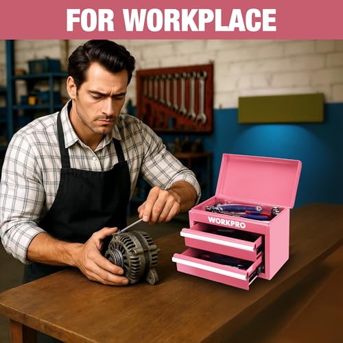 WORKPRO Metal Mini Tool Box with 2 Drawers and Top Storage - color: Pink
