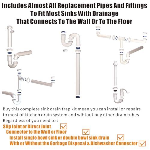 Kitchen Sink Drain Kit,1-1/2”,for Most Kitchen Sink Drain Repair Kit and Bathroom Sink Drain Kit, Kitchen Sink P Trap Drain Kit 1 1/2” for Sink Plumbing Kit, Completed Sink Pipe Replacement Kit