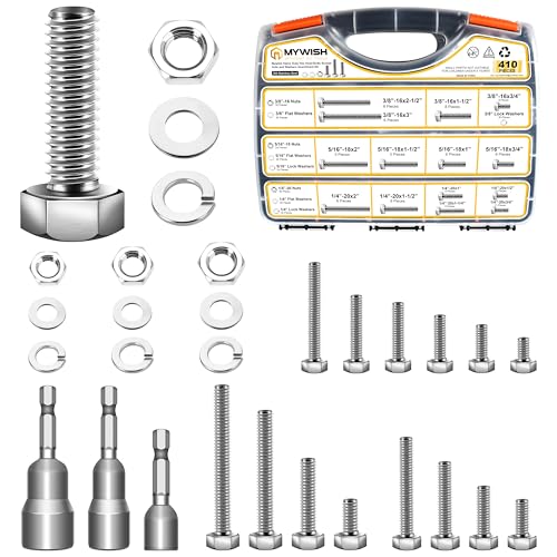 Mywish 410PCS Stainless Steel Hex Head Nuts and Bolts Assortment Kit, 1/4-20 5/16-18 3/8-16, Assorted Screws, Washers, Bright Finish - size: 410 Pcs Mixed Size Kit - Bright