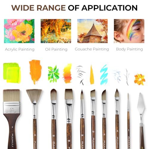 Fuumuui 25pcs Paint Brush Set, Professional 9 Shapes with Wide Flat, Filbert, Fan, Dagger, Cat Tongue, Round, Angle, Rigger for Acrylic Oil Watercolor | Includes Palette Knife & Waterproof Canvas Roll - color: Brown