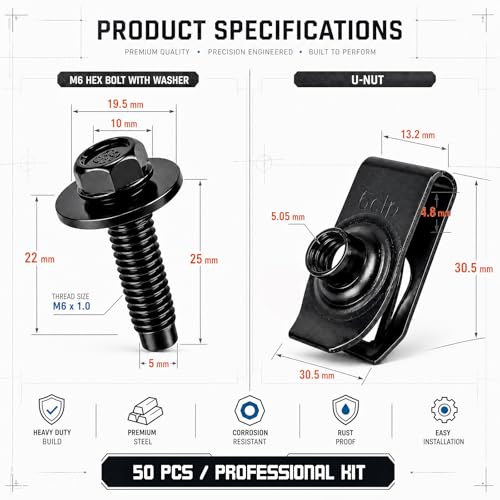 100PCS Automotive Body Bolt & U Nut Kit, M6-1.0 Hex Head Screws with Extruded U-Nuts Clips, Fender Liner, Splash Shield, Engine Under Cover, Bumper & Hood Fastener Assortment (50 Sets) - color: Black M6 x 1.0