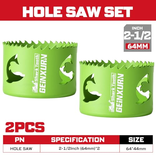 Geinxurn 2-1/2 Inch(64mm) Hole Saw, 2PCS HSS Bi-Metal Hole Saw Kit with Shark Tooth Hole Cutter for Wood,Drywall, PVC Boards and Thin Metal - color: 2 PCS 2-1/2"