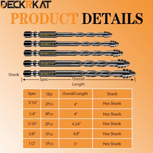 DECKRKAT Upgraded Black 4-Flute Serrated Masonry Drill Bit Set - 10-Piece Set (3/16" to 1/2") for Concrete, Tile, Glass, Brick, Ceramic, Plastic - size: 10 Piece (3/16"-1/2"), style: 4-Flute Serrated Drill Bit