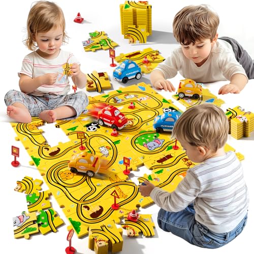 Beby Buty 64PCS Puzzle Race Cars Track Set Toys for Kids, Puzzle Racer Kids Car Track Set Ages 3-5 4-6, Toys Gifts for 3 4 5 Year Old Boys, 3 4 5 Year Old Boys Ideal Gift - style: 64 PCS Animal Theme
