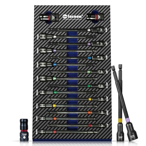 Facoow 6“ Impact Nut Drivers Set Magnetic, 18pcs Color Coded SAE & Metric Impact Nut Drivers, Extra Long Nut Drivers for Impact Drills, Impact Sockets Adapters (1/2" & 3/8") Impact Wrenches
