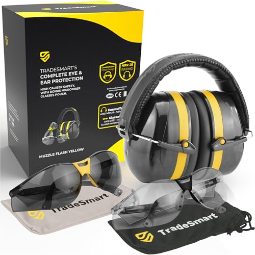 TradeSmart Shooting Ear Protection for Gun Range, NRR 28 Earmuffs & Eyewear - color: Clear+tint - Yellow
