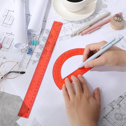 Zonon 2 Pcs 12 Inch Clear Ruler and 6 Inch Plastic Protractor Set, Red - color: Red
