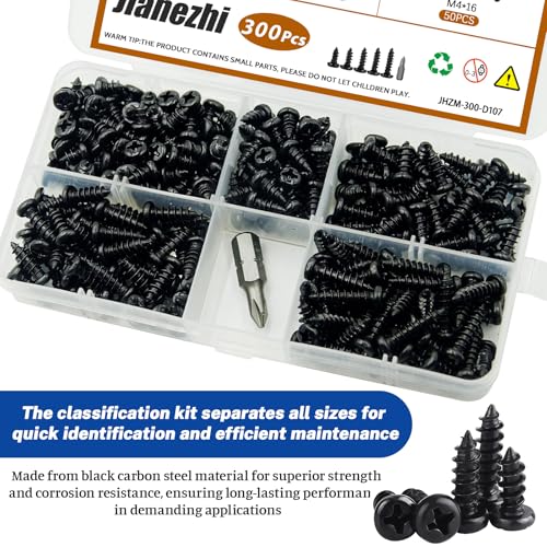 300Pcs M4x6/8/10/12/16 Self-Tapping Wood Screws Assortment Kit, Phillips Pan Head, Black Carbon Steel, 5 Sizes, for Wood Plastic and Soft Metal - size: M4x6/8/10/12/16-300Pcs