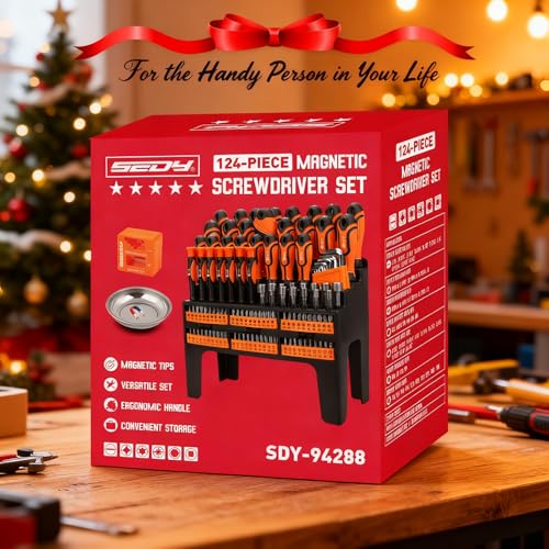 124-Piece Magnetic Screwdriver Set with Plastic Racking, Precision Screwdrivers, Magnetizer, Demagnetizer, Allen Keys, Nut Drivers, Ratchet Handles, Sockets & More - DIY Tools for Men, Tools Gift - color: 124 Pcs Master + Storage Rack