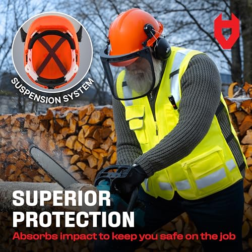 NoCry 6-in-1 Industrial Chainsaw Helmet with Face Shield and Ear Muffs — Mesh & Clear Plastic Visors Included — ANSI Z89.1 Certified — Adjustable Headgear — Ideal for Forestry and Arborist Work - style: Original