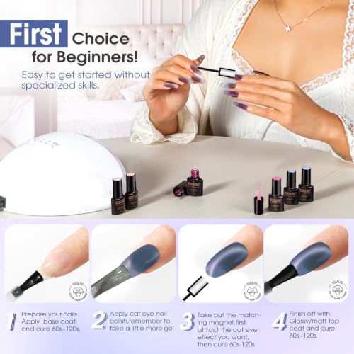 ROSALIND Cat Eye Gel Nail Polish Set with 4pcs Base Top Coat and Magnet | 26 Color Moonlight Cateye gel polish, Base Coat, Glossy/Matte/Glitter Top Coat, Cat Eye Magnet, Soak Off UV, Gift for Women - color: Moonlight Cateye