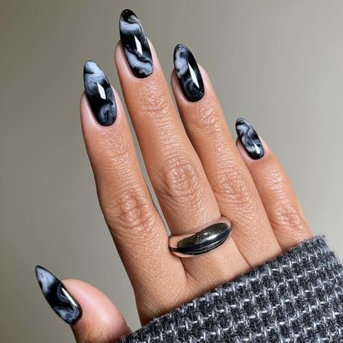 LPOODDNU Almond Press on Nails - Medium Black Fake Nails with Marble Designs, Glossy Finished Reusable False Nails with Double Adhesive Glue Tabs - 24Pcs Nail Kit for Women Manicure - color: black marble