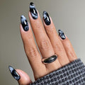 LPOODDNU Almond Press on Nails - Medium Black Fake Nails with Marble Designs, Glossy Finished Reusable False Nails with Double Adhesive Glue Tabs - 24Pcs Nail Kit for Women Manicure - color: black marble