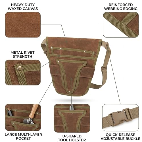 Gardening Tool Pouch for Waist, Hands-Free Canvas Tool Belt with 6 Pockets – Adjustable Waist Apron for Gradenging Tools (Gardening Tools NOT Included)-(Brown) - color: Brown