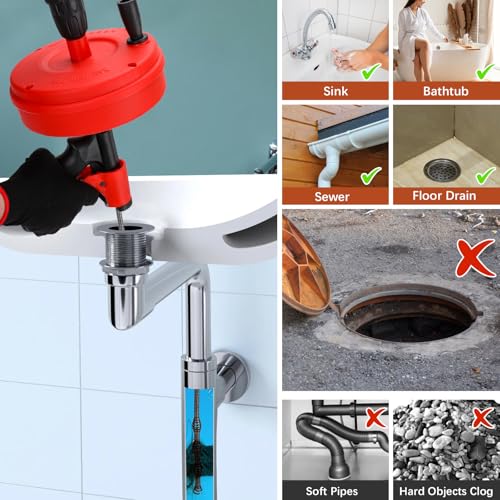 50 FT Drain Snake 11-in-1 Double Mode Drain Auger Tools | for Sink and Drain Unblocking, Plumbing Snake for Kitchen, Bathrom and Shower Sink, Drain Clog Remover for Real DYIs - color: Red-50FT