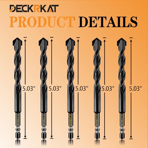 DECKRKAT 5-Piece 1/2" Carbide Masonry Drill Bits for Concrete, Brick, Tile - Black Hex Shank Set w/Heavy-Duty Case, Quick Change Fit Drill Driver - size: 5 Piece 1/2", style: Masonry Drill Bits