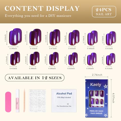 Purple Red Reflective Blue Press On Nails - Cat Eye Medium Square Magnetic Acrylic Fake Nails, Stylish Design, Salon-Quality Shiny Finish, Reusable Stick On Nails Kit for Women (No Glue) - color: ZF335, size: 24 pieces (Pack of 1)