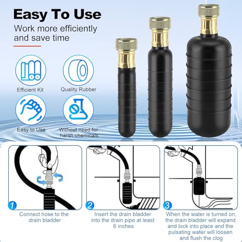 3 PCS Drain Bladder Kit, Drain Cleaning Bladder Unclogger Fits 1" to 6" Drain Pipes for Unclogs Stubborn Blockages in Kitchen Sinks and Main Drains for Shower, Swimming Pool With Water Power