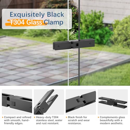 Adjustable Glass to Glass Clamp, 90-180-270 Degree Matte Black Railing Clamps, Stainless Steel T304 Railing Clips Brackets for Fence, Balustrade, Balcony Deck, Indoor & Outdoor - size: 1 Pack, style: Adjustable