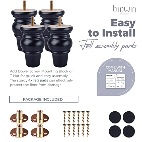 4 inch Solid Wood Bun Furniture Legs, 4Pcs with M8 Bolts, Black - color: Black