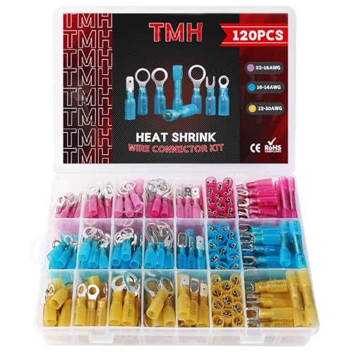 TMH 120 Pcs Crimping Tool for Heat Shrink Connectors Marine Grade Heat Shrink Wire Connectors, Waterproof Butt Connector AWG 22-10 Electrical Ring Fork Spade Splice - size: 120