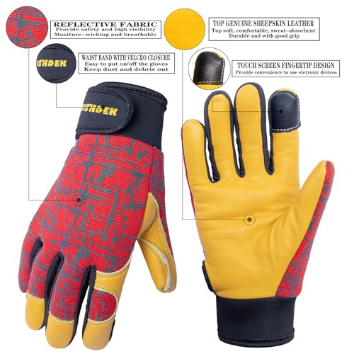 Kids Genuine Leather Work Gloves Age 2-12, Touchscreen, Reflective - color: Red, size: Medium (6-9 Years Old)