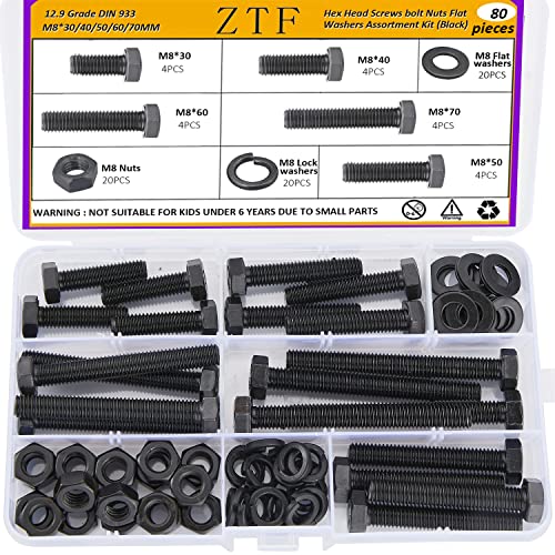 ZTF m8 x 1.25 Bolt, Nuts and Bolts Assortment Kit, 80Pcs - style: black-M8 Hex Bolts