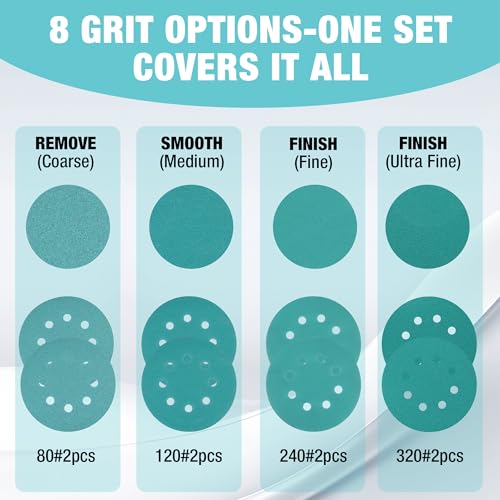 WORKPRO 5 Inch Orbital Sander Pads 4 Foam 8 Discs 80-320 Grit | 12-piece kit: 4 foam pads + 8 discs, 8-hole hook-loop. Grits 80/120/240/320. For sanding, contours, finishing. - style: 4 Pads + 8 Sandpapers