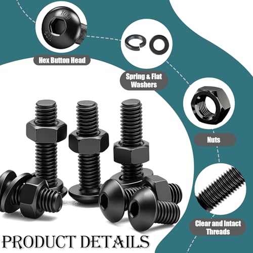 mxuteuk 204PCS M6 Screws,M6x8/10/12/16/20/25/30/35mm Hex Button Head Cap Bolts with Nuts & Washers,10.9 Grade Alloy Steel Black Zinc Screws Assortment Kit for 3D Printing,DIY - size: 204PCS M6