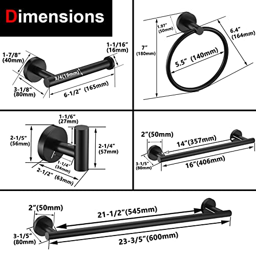 6 Pieces Matte Black Bathroom Hardware Accessories Set Hand Towel Ring 16&23.6 inch Round Towel Bar Silver Toilet Paper Holder Towel Hooks 2 Pieces SUS 304 Stainless Steel,Heavy Duty,Wall Mounted - color: Matte Black, size: 6 piece 24"