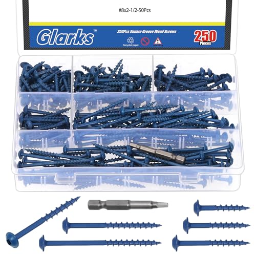 Glarks 250pcs #8 x 1’’, 1-1/4", 1-1/2’’, 2", 2-1/2" Pocket Hole Screws with Square Drill Bit Kit, Blue Coated Square Drive Wood Screws, Washer Head Coarse Thread Screw for Woodworking, Furniture - size: 250pcs 8x1,8x1-1/4,8x1-1/2,8x2,8x2-1/2