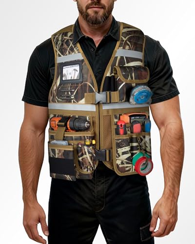 Electrician Tool Vest for Men, Carpenter Safety Work Vest - color: Camouflage