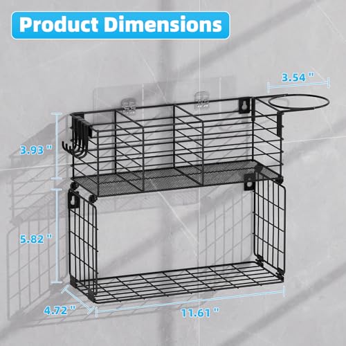 Metal Hair Tool Organizer with Toilet Paper Storage Basket Wall Mount - color: Black 2 Tiers