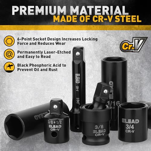 ELEAD 3/8" Drive Impact Socket Set - 50-Piece SAE (5/16" to 3/4") & Metric (8-22mm), 6-Point CR-V Steel Deep & Shallow Sockets with Ratchet Handle, Universal Joint, Extension Bar, Adapter - color: 3/8'' Drive Impact Socket Set Black