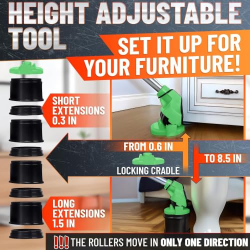 Furniture Lifter Tool with 4 Pcs Appliance Rollers, 660 Lbs, Green - color: Green