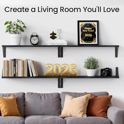 BAYKA Wall Mounted Floating Shelves, Wood, Black, Set of 4, 23in - color: A. Black Board & Black Brackets, size: 23-inch Uniform