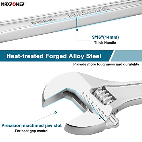 MAXPOWER 15" Adjustable Wrench, 1-3/4" Jaw Opening, Tapered Handle | Adjustable Spanner with SAE/Metric Scales, Polished Finish, and Comfort Grip – Perfect for Plumbing, Nuts, and Pipes - size: 15"