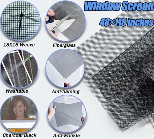 King&Charles Window Screen Replacement, 6in1 Window Screen Door Repair Kit - color: Black, size: 48"×118"