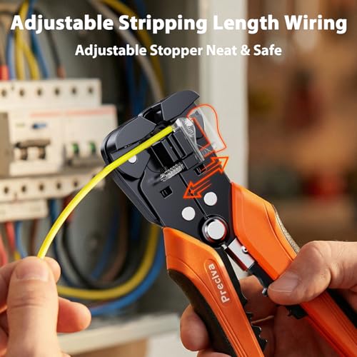 Preciva Automatic Wire Stripper 3-in-1Self-Adjusting Crimping Tool with Length Stopper for 0.2-6mm² (AWG 24-10) Solid/Stranded Wire, Internal Spring, Ergonomic TPR Handle for Electrical DIY - color: Orange