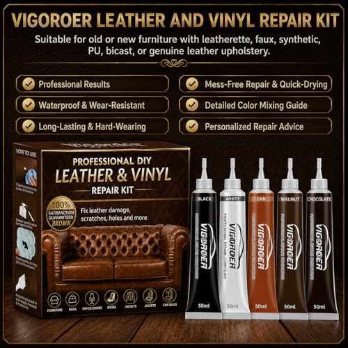 Vigorder Brown Leather Repair Kit for Furniture, Leather Couch Repair Kit for Sofa, Car Seats, Jacket and Purse, Fix Scratches, Tears, Holes, Cracks and Peeling with Easy Instructions
