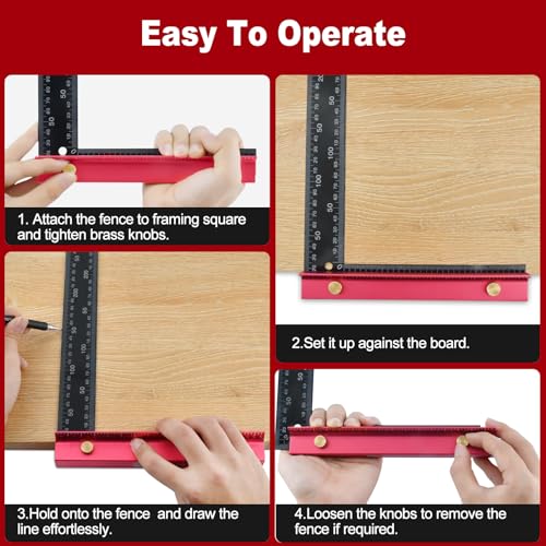 8 Inch Removable Carpenter Framing Square Fence with Edge Marking Ruler, Anodized Solid Aluminum Alloy Body & Brass Knobsn for Woodworking Measuring Ruler Stops Fences