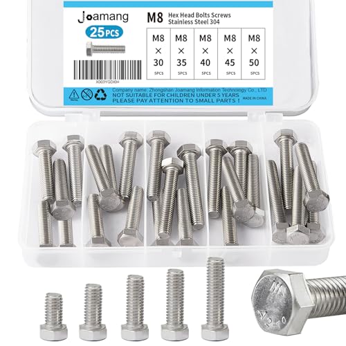 M8 x 30mm 35mm 40mm 45mm 50mm Hex Bolts, Hexagon Head Screws, 304 Stainless Steel(A2-70), Metric Fully Thread, Bright Finish, Assortment Kit 25PCS - size: M8 x 30-50mm (25PCS)