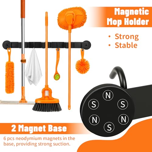 Magnetic Broom Holder Wall Mount with 4 Hooks and 3 Rack- Heavy Duty Non-Slip Mop Hanger for Wet Mops &Cleaning Tools on Refrigerator,Metal Door,Garage,Kitchen (3Racks 4Hooks)