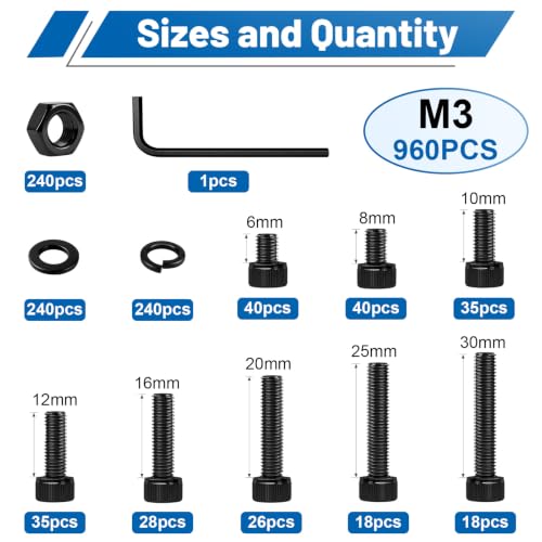 960Pcs M3 Hex Socket Bolts & Nut Kit 12.9 Steel for 3D Printer RC Car - size: G12.9 M3 960PCS