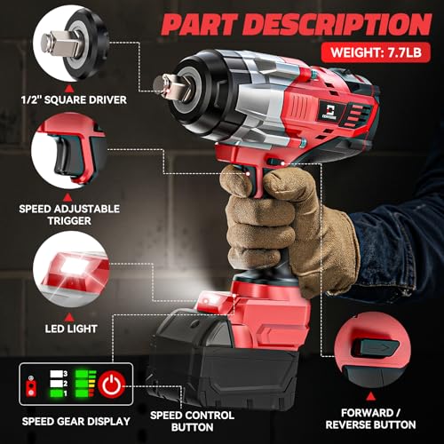Cerycose Cordless Impact Wrench 1/2 inch Compatible with Milwaukee 18V Battery: 1700FT-LBS High Torque Impact Wrench with 6 Sockets & Case, Brushless Electric Impact Gun with LED Work Light, Bare Tool - size: 1/2inch, style: Fit for Milwaukee（include 6 So